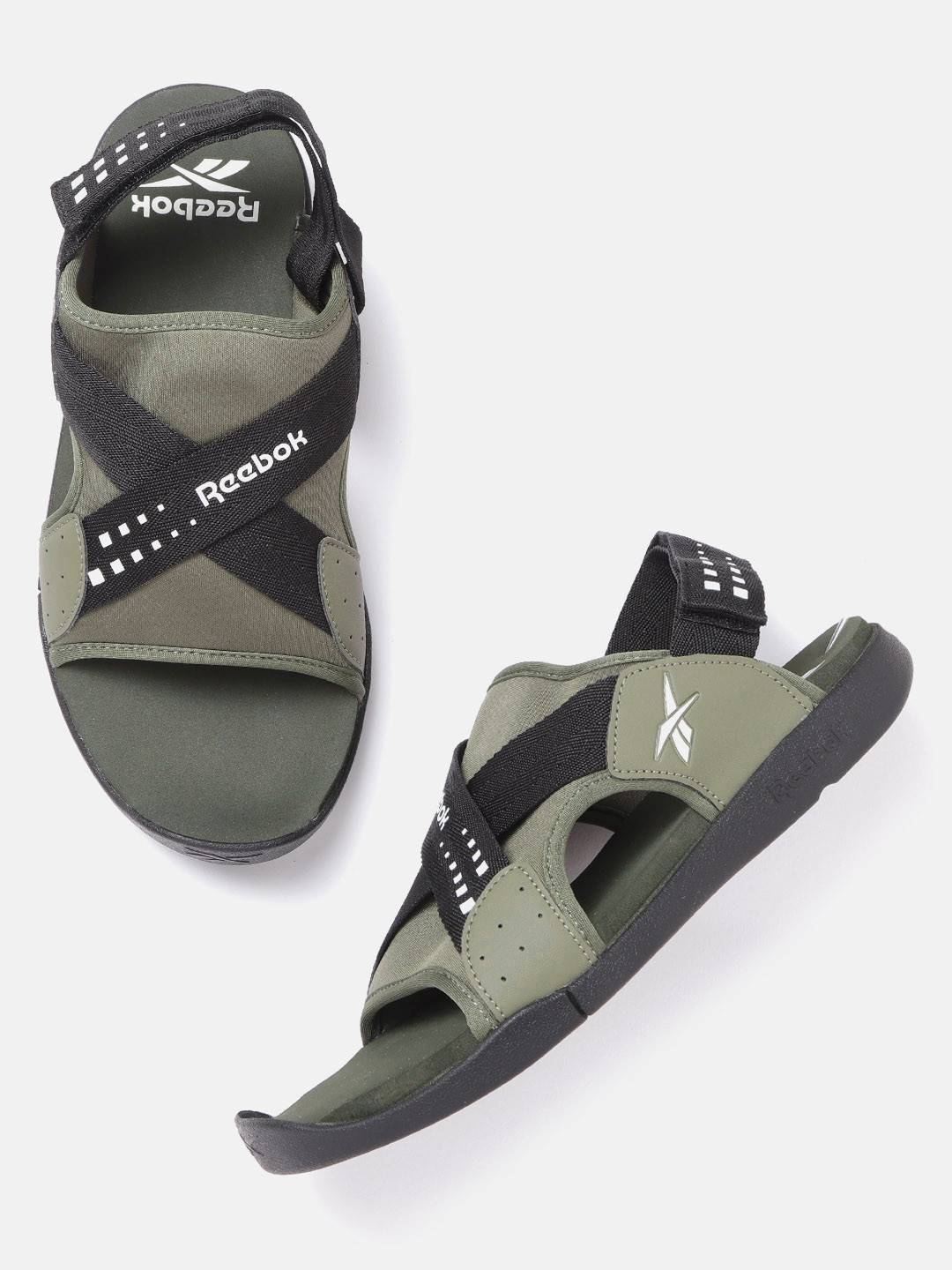 

Reebok Men Olive Green & Black Brand Logo Print Sports Sandals