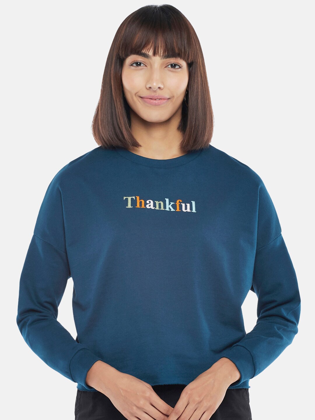 

Honey by Pantaloons Women Teal Blue Printed Pure Cotton Sweatshirt