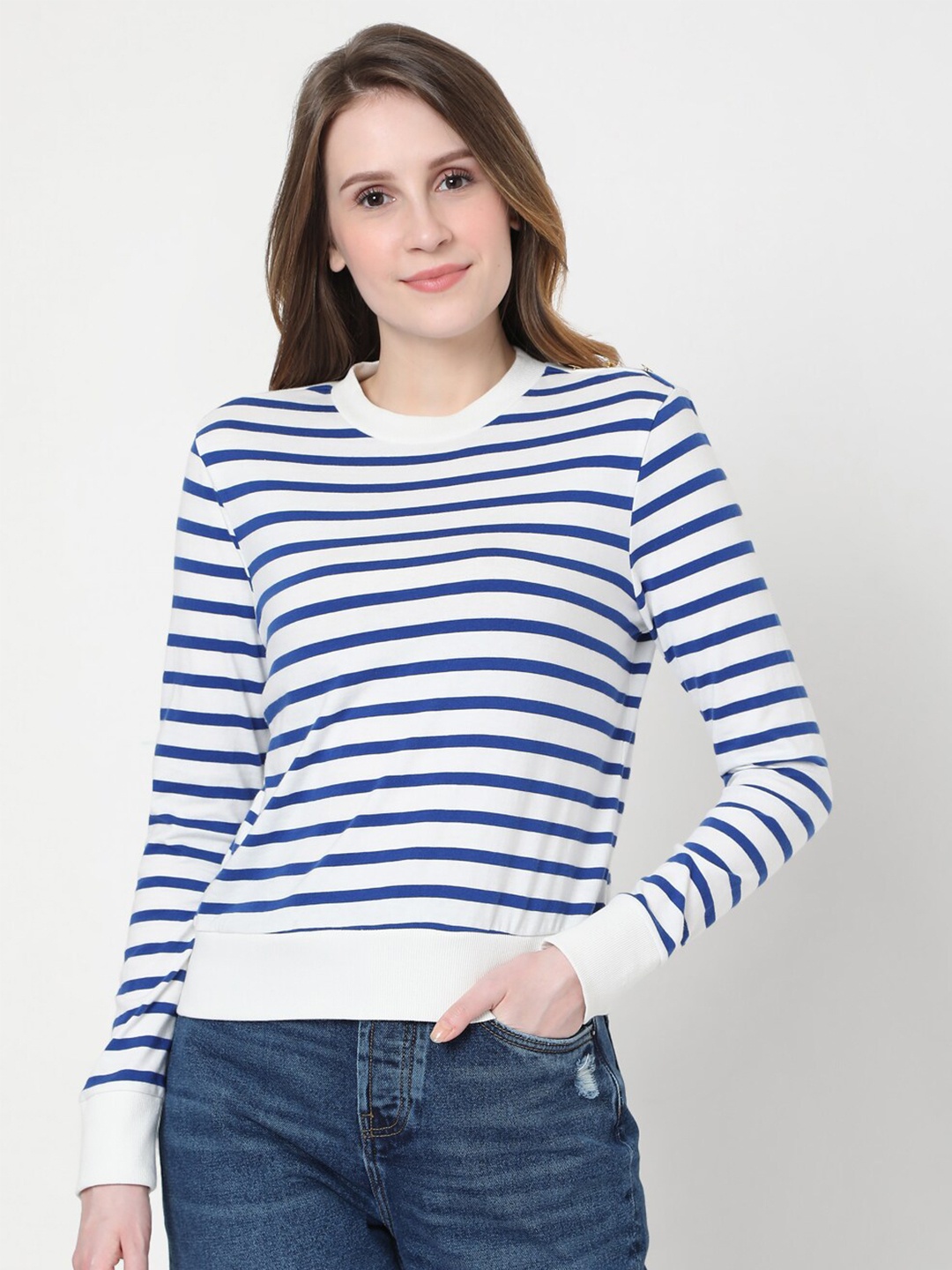 

Vero Moda Women Blue & White Striped Pure Cotton T-shirt