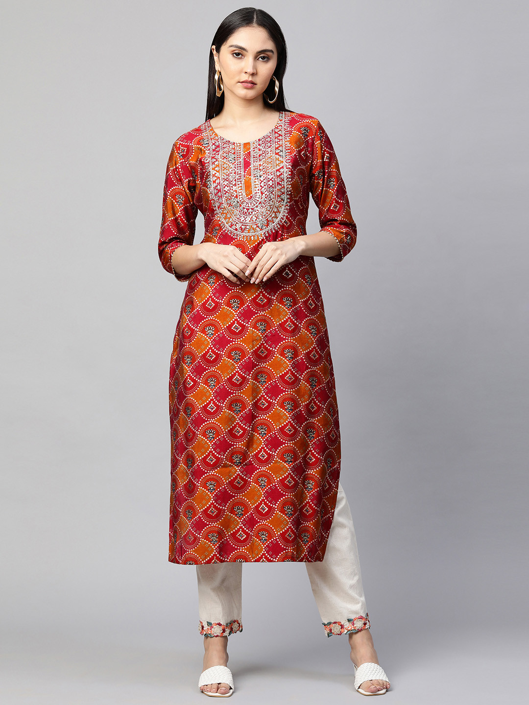 

FASHOR Women Red & Orange Bandhani Yoke Design Kurta
