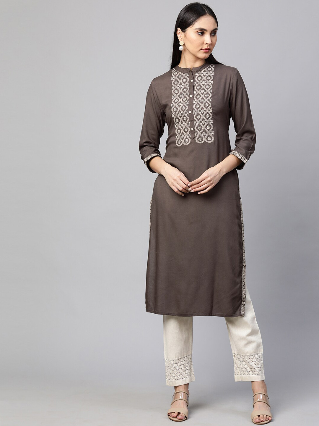 

FASHOR Women Brown Geometric Yoke Design Pathani Kurta