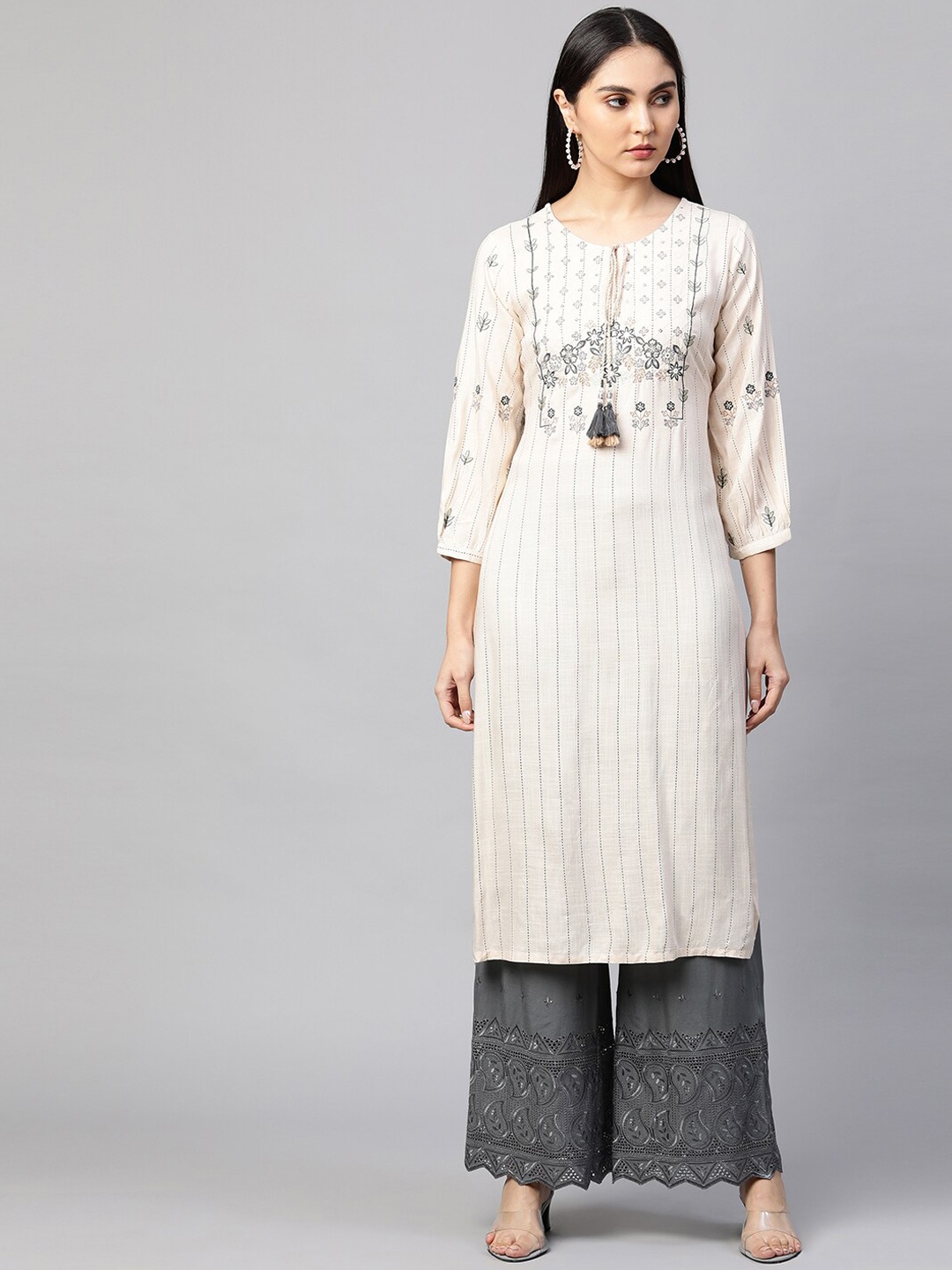 

FASHOR Women Cream-Coloured Floral Printed Thread Work Kurta