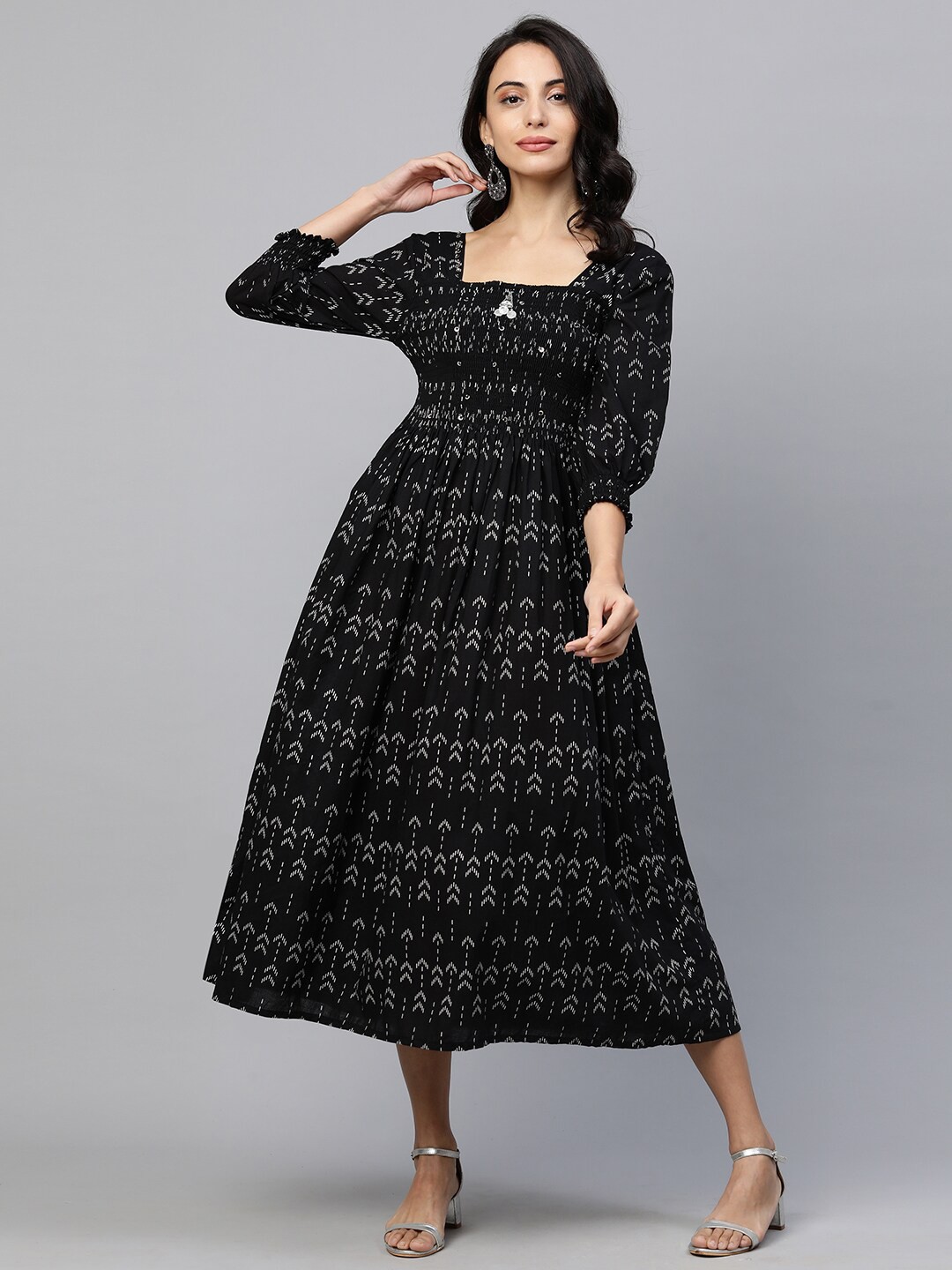 

FASHOR Black & White Printed Smocked Ethnic Midi Dress