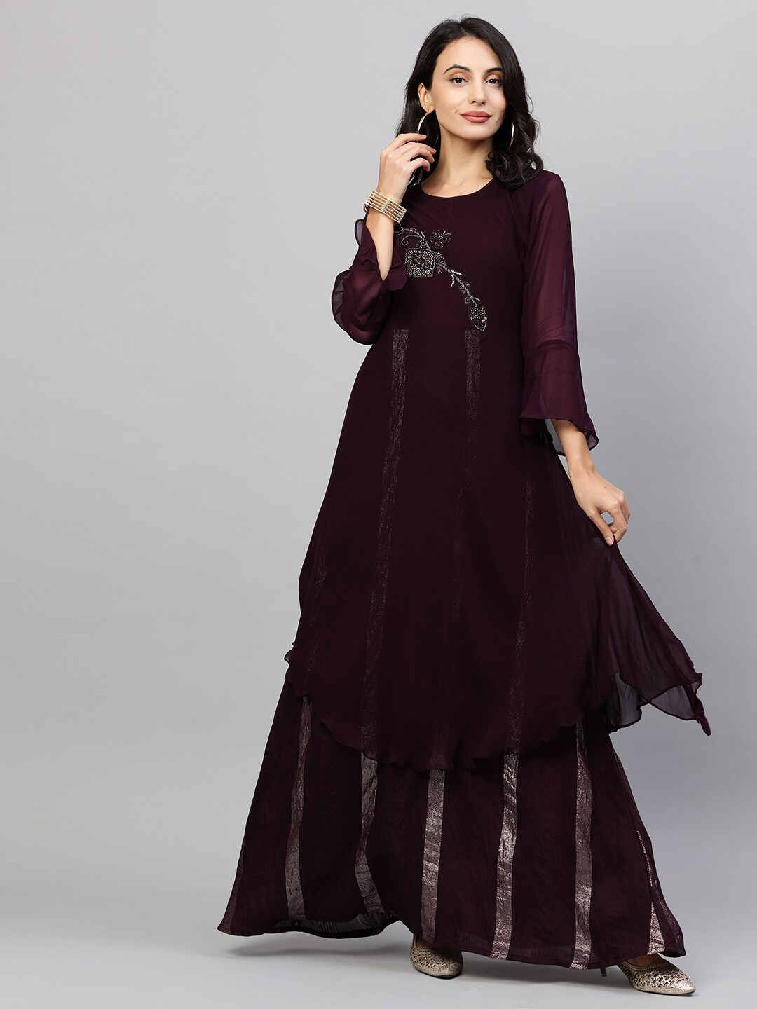 

FASHOR Maroon Ethnic Motifs Beads Embellished Layered Ethnic Maxi Dress
