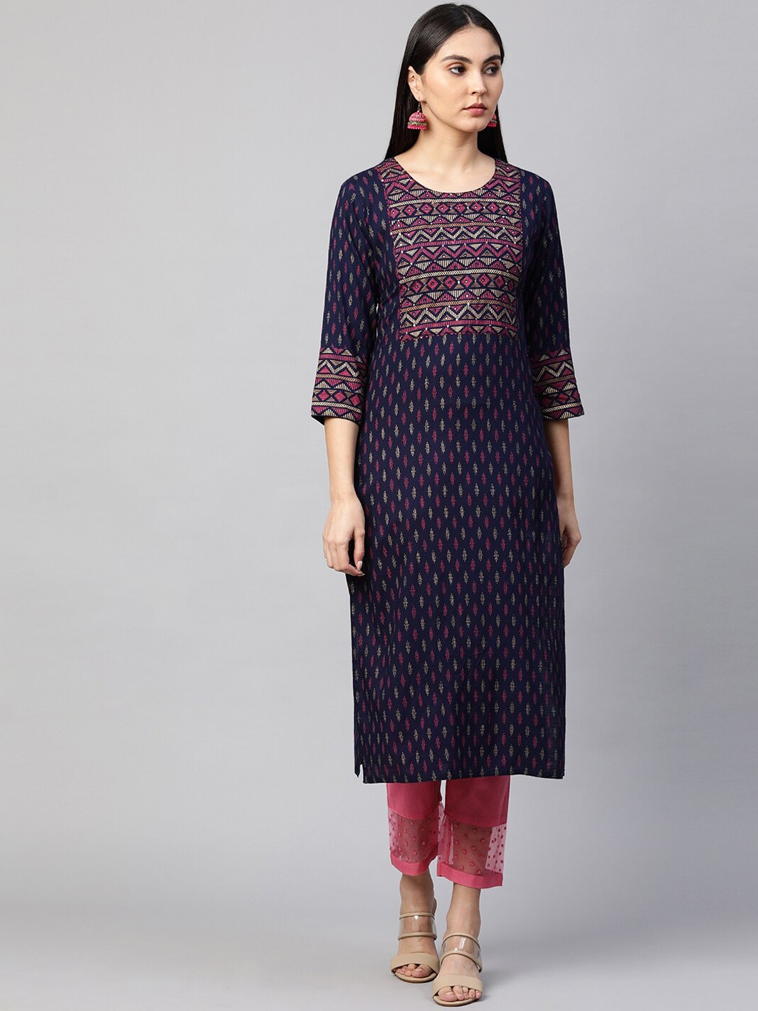 

FASHOR Women Navy Blue Ethnic Motifs Foil Printed Kurta