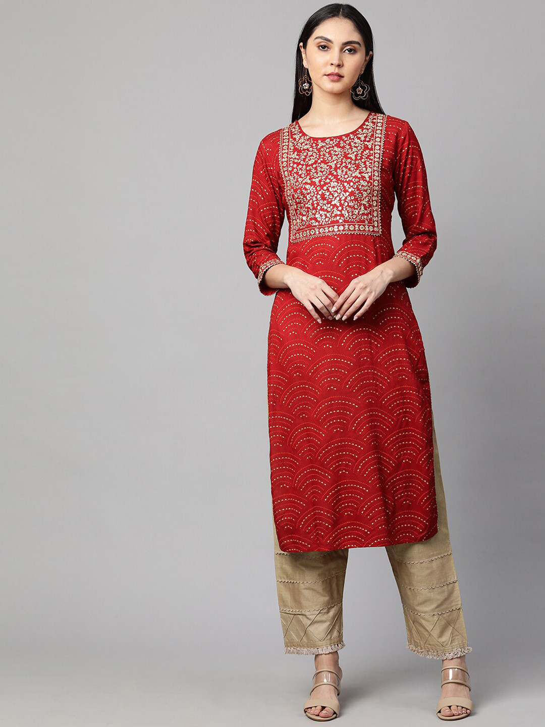 

FASHOR Women Rust Ethnic Motifs Printed Embroidered & Gotta Patti Detail Kurta