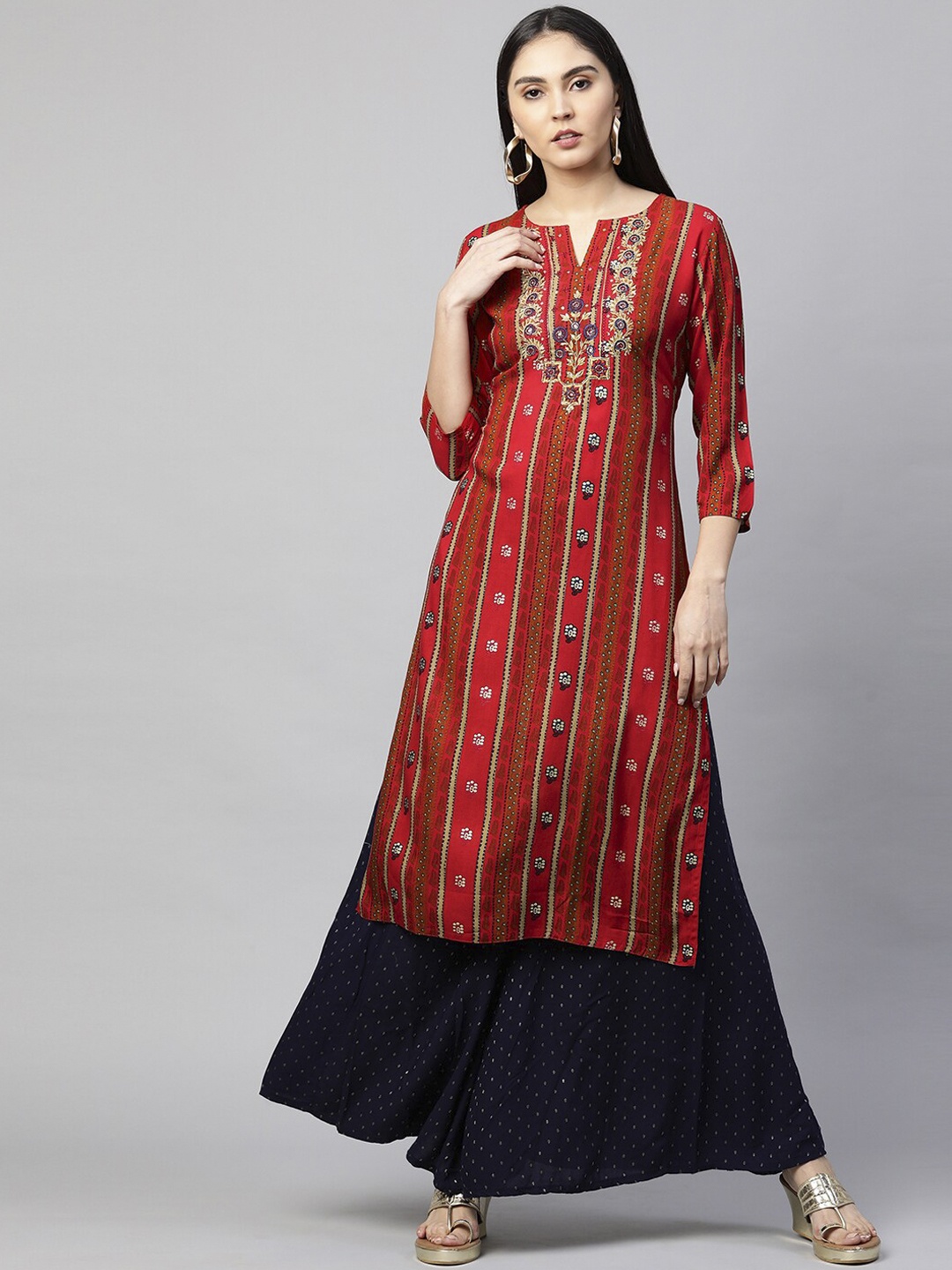 

FASHOR Women Red Geometric Striped Keyhole Neck Flared Sleeves Mirror Work Kurta