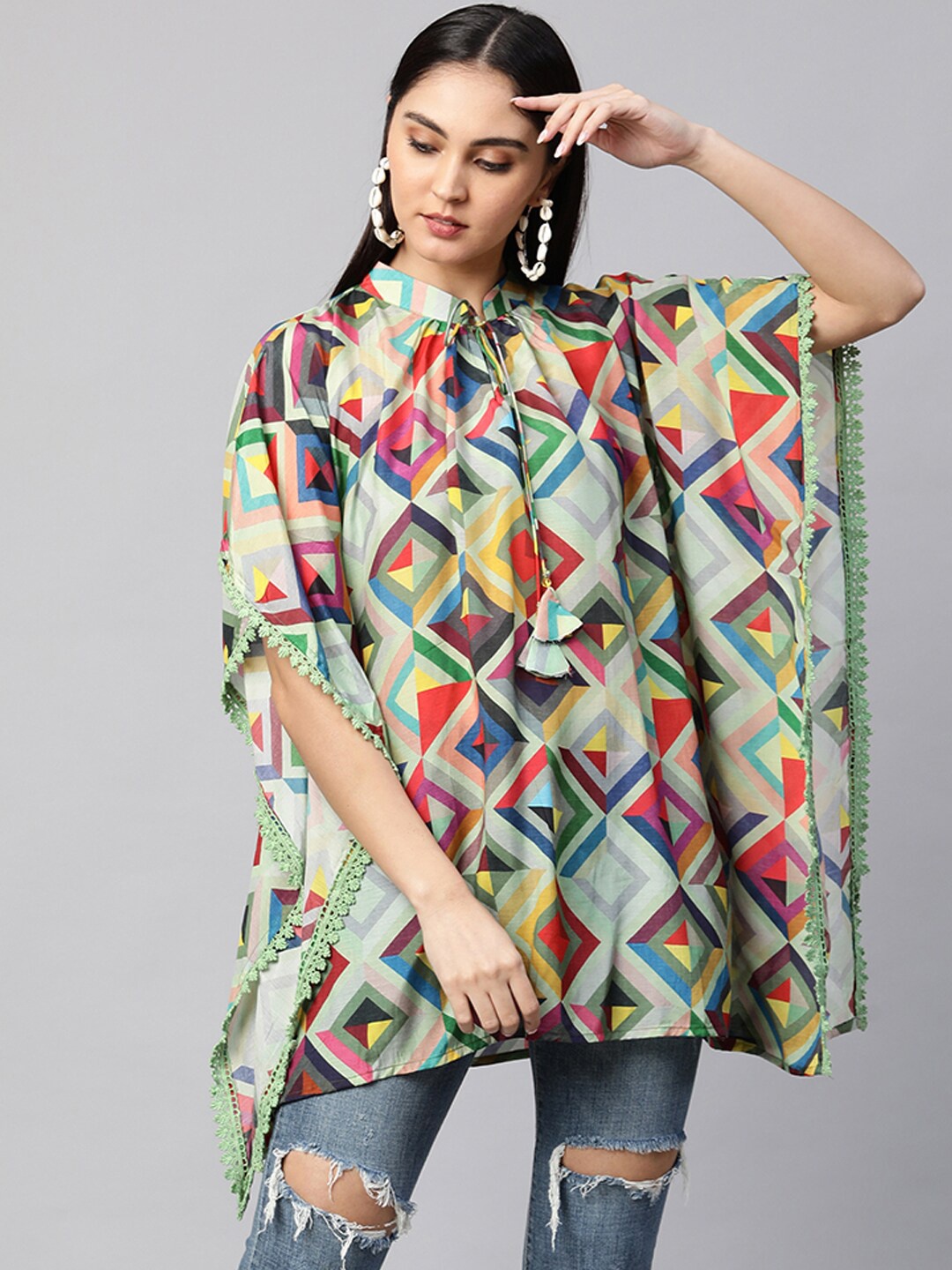 

FASHOR Green & Pink Geometric Print Mandarin Collar Kaftan Top