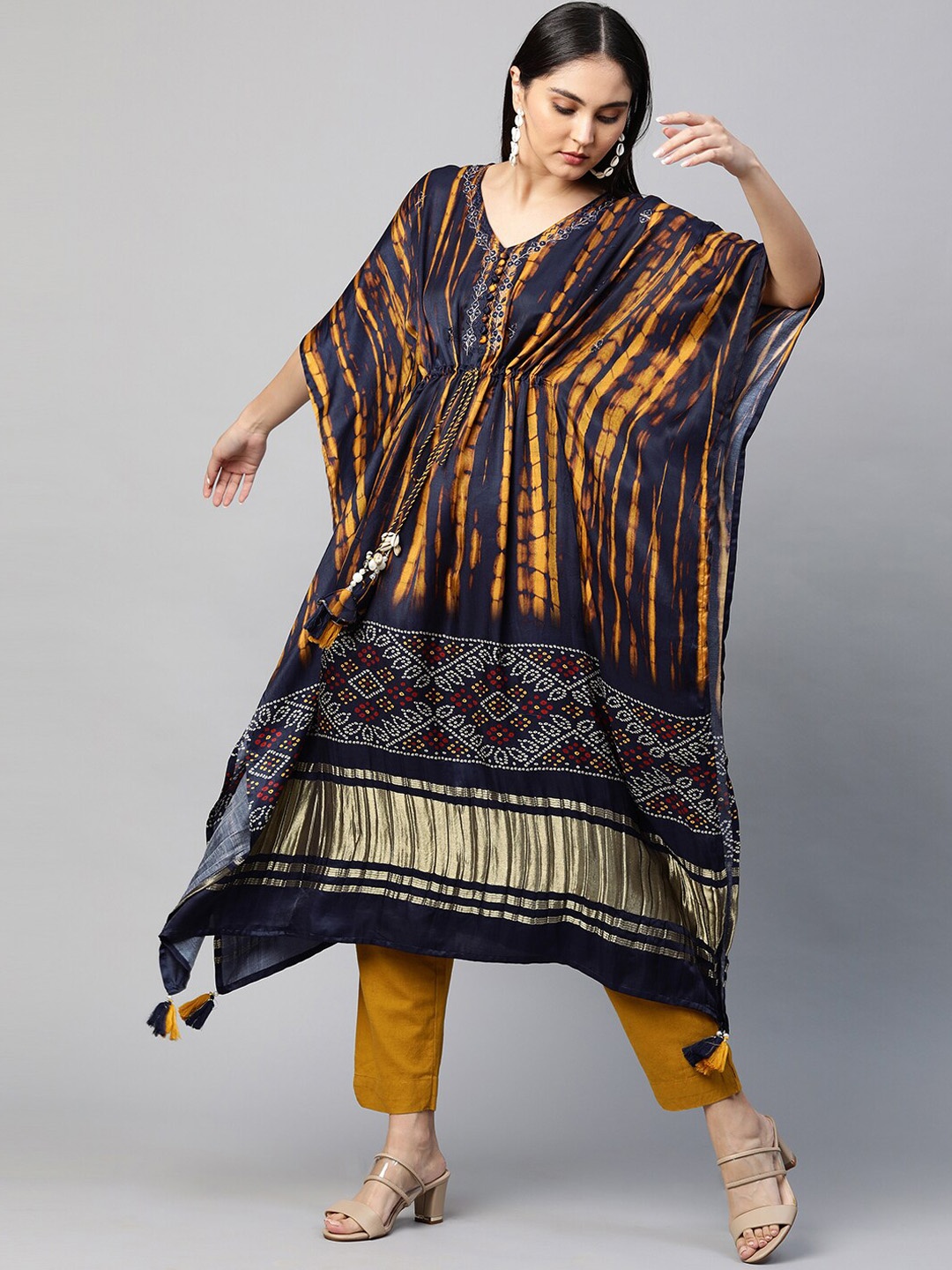 

FASHOR Women Multicoloured Printed Tie & Dye Thread Work Kaftan Kurta, Multi