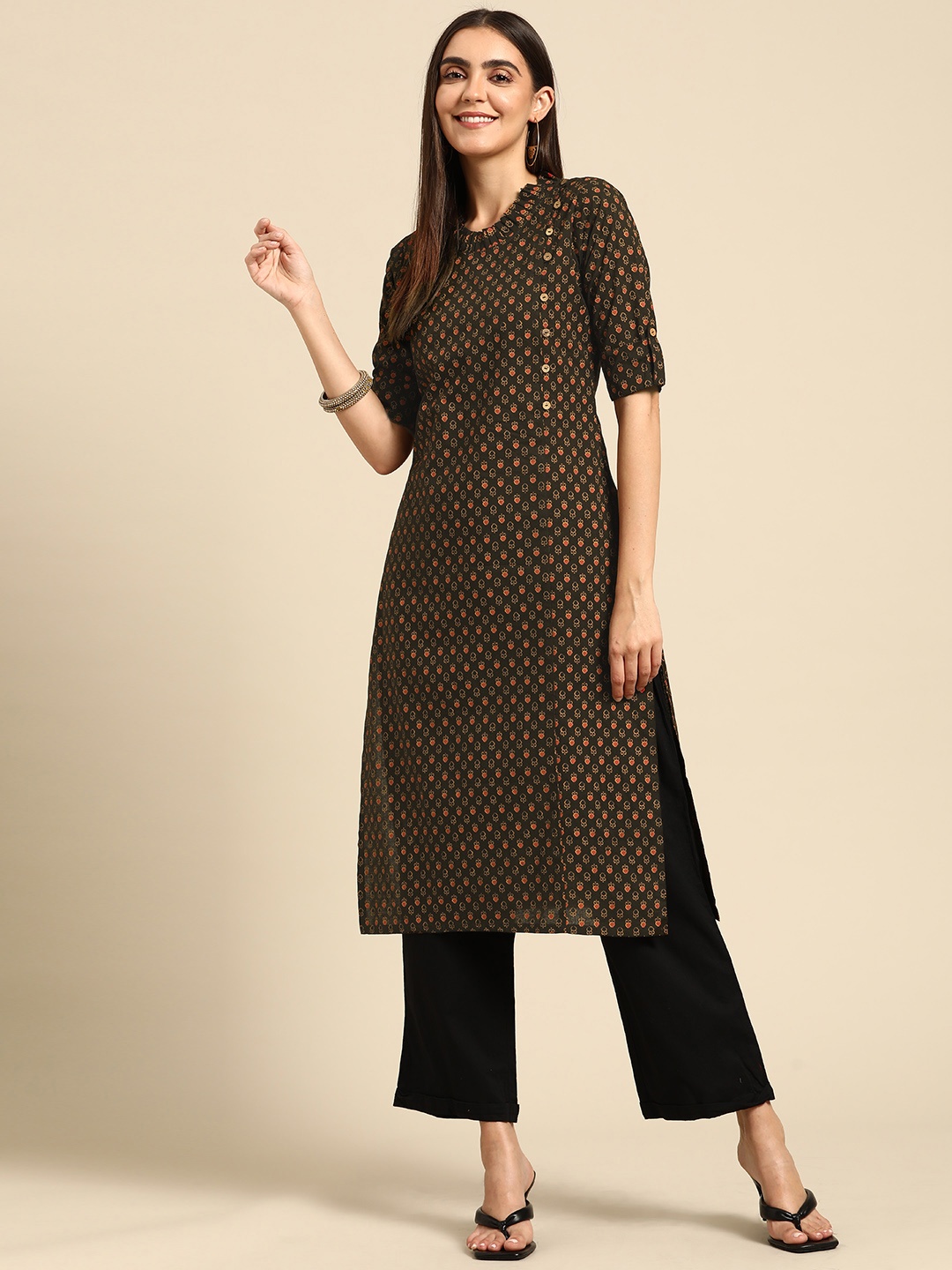 

FASHOR Women Brown & Orange Pure Cotton Ethnic Motifs Print Straight Kurta