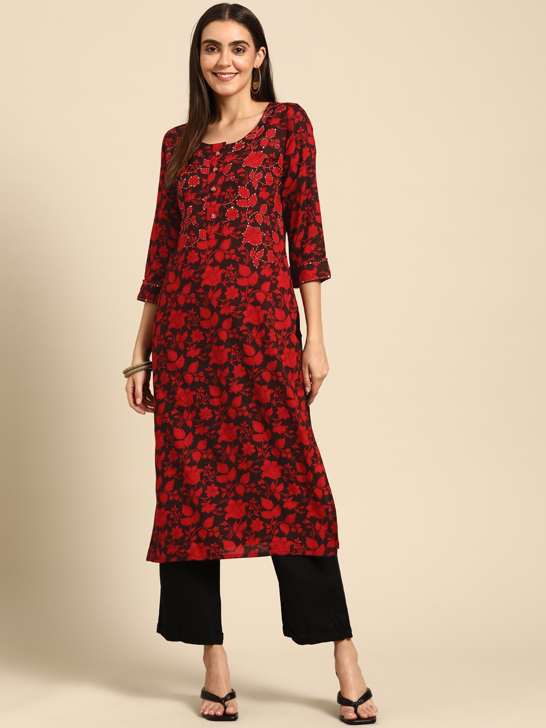

FASHOR Women Black & Red Pure Cotton Floral Print Beads Embellished Kurta