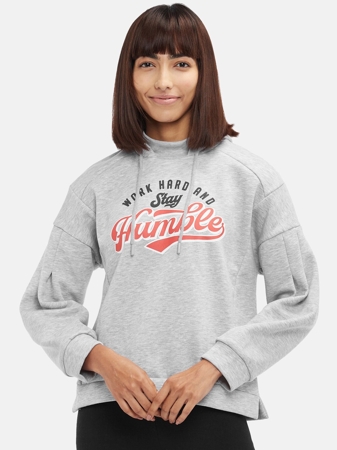 

Ajile by Pantaloons Women Grey Printed Pure Cotton Hooded Sweatshirt
