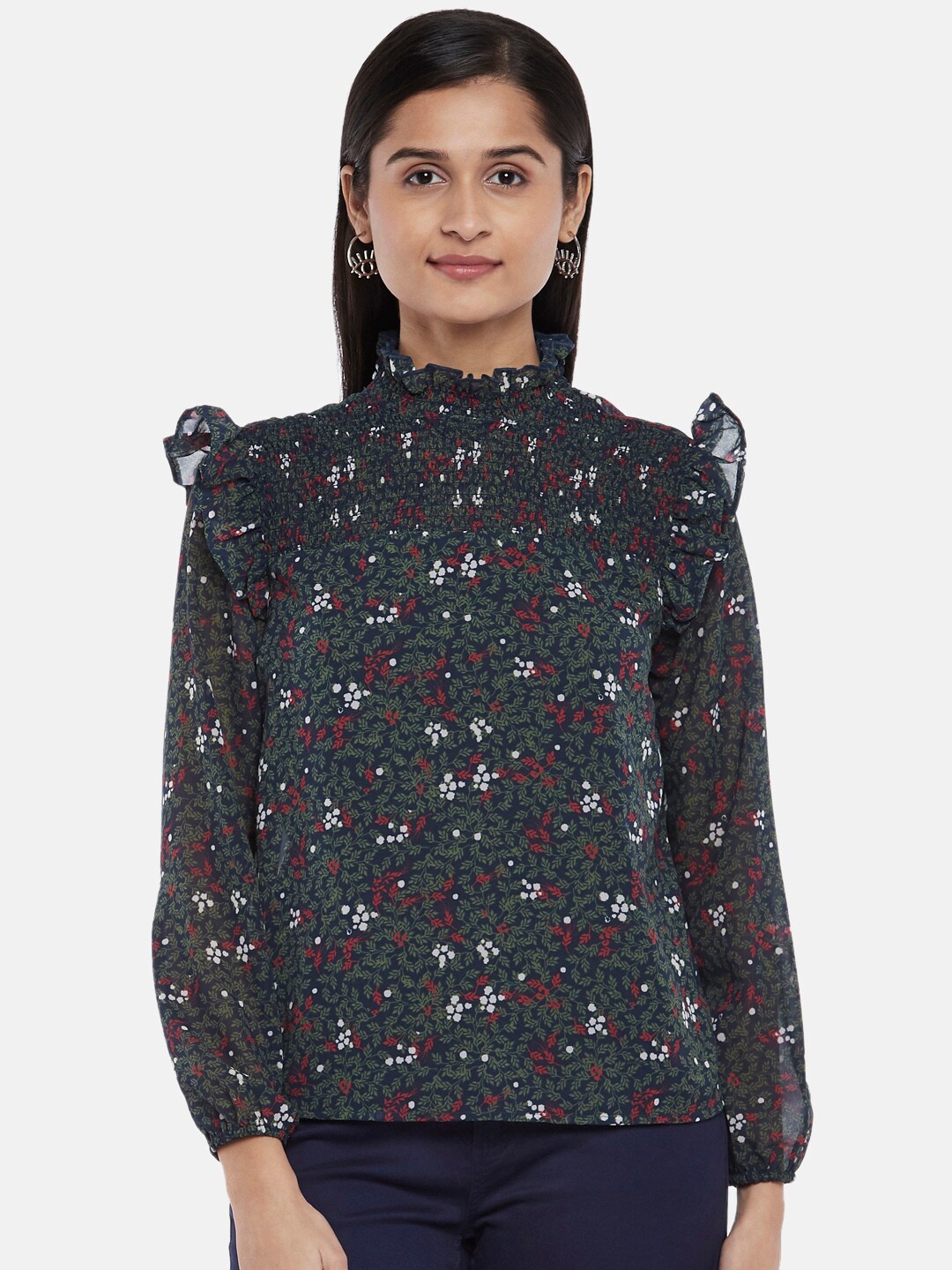 

Honey by Pantaloons Floral Print Pure Silk Georgette Top, Navy blue