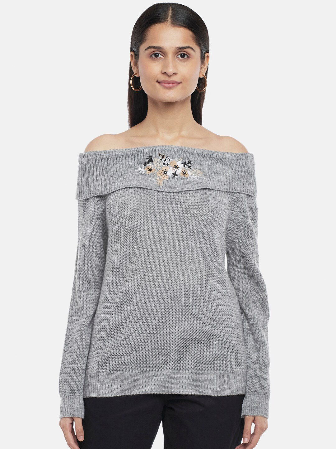

Honey by Pantaloons Women Grey & White Acrylic Floral Pullover with Embroidered Detail