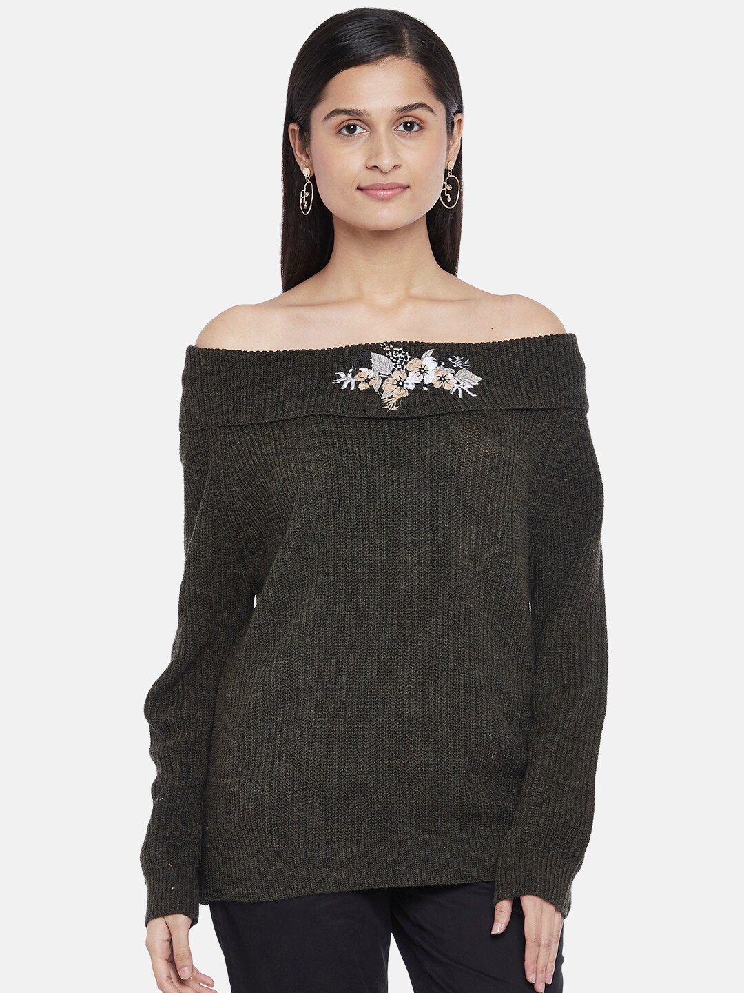 

Honey by Pantaloons Women Olive Green Off Shoulder Pullover with Embroidered Detail