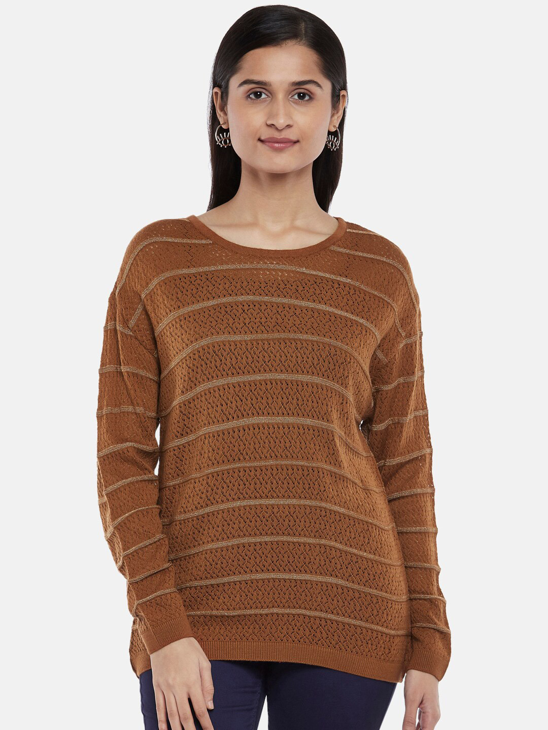 

Honey by Pantaloons Women Tan Striped Acrylic Pullover