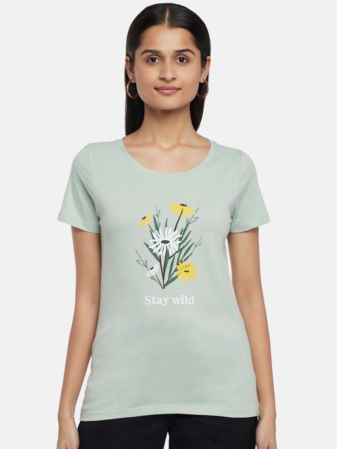 

Honey by Pantaloons Women Green Printed Pure Cotton T-shirt