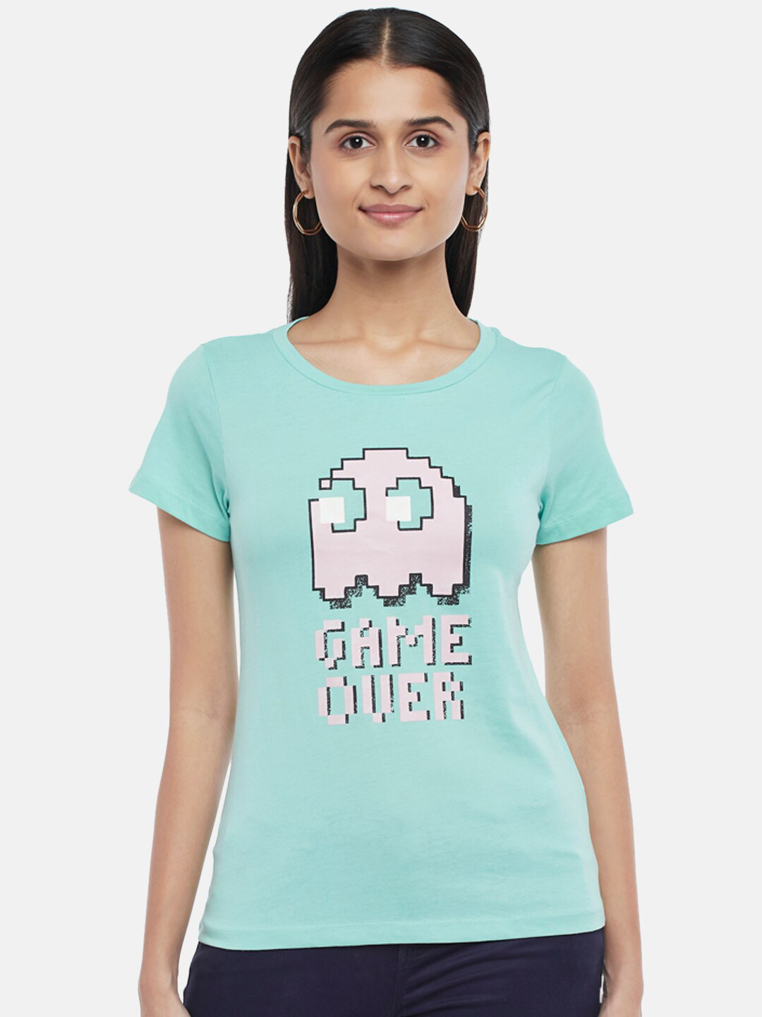 

Honey by Pantaloons Women Blue Typography Printed Pure Cotton T-shirt