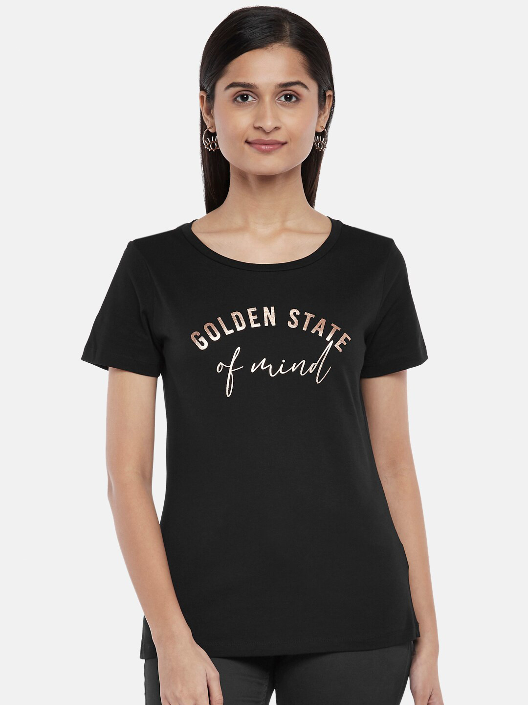 

Honey by Pantaloons Women Black Typography Printed Cotton T-shirt