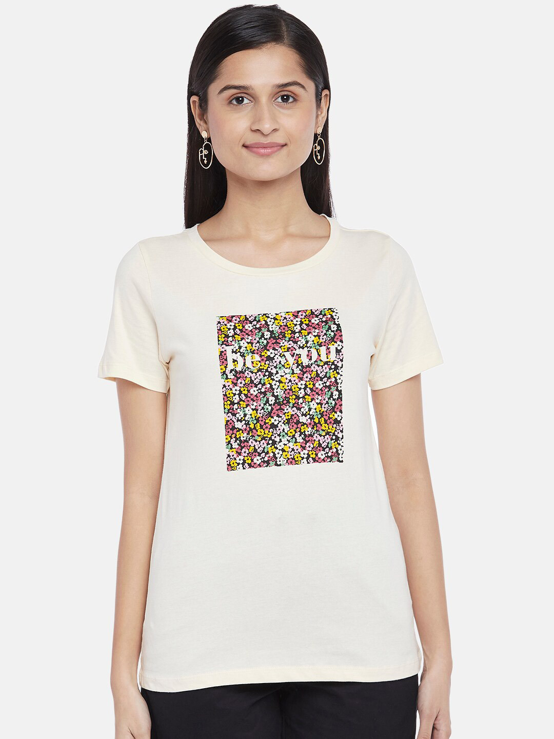 

Honey by Pantaloons Women Beige Printed Pure Cotton T-shirt