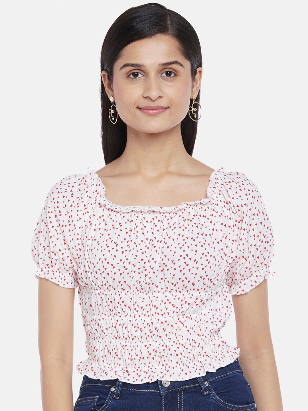 

People White & Red Floral Print Smocked Top
