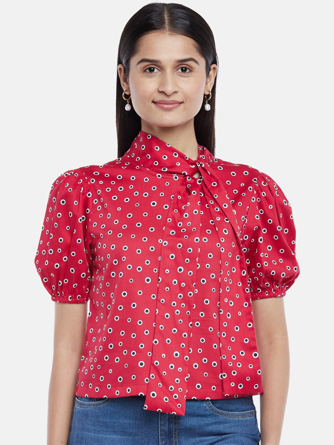 

People Red & Blue Geometric Pure Cotton Print Tie-Up Neck Top