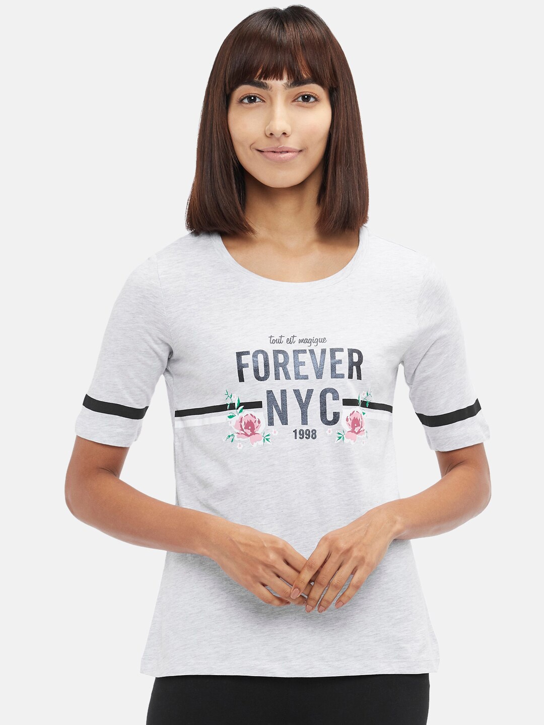 Ajile by Pantaloons Women Grey Melange Printed Pure Cotton T-shirt
