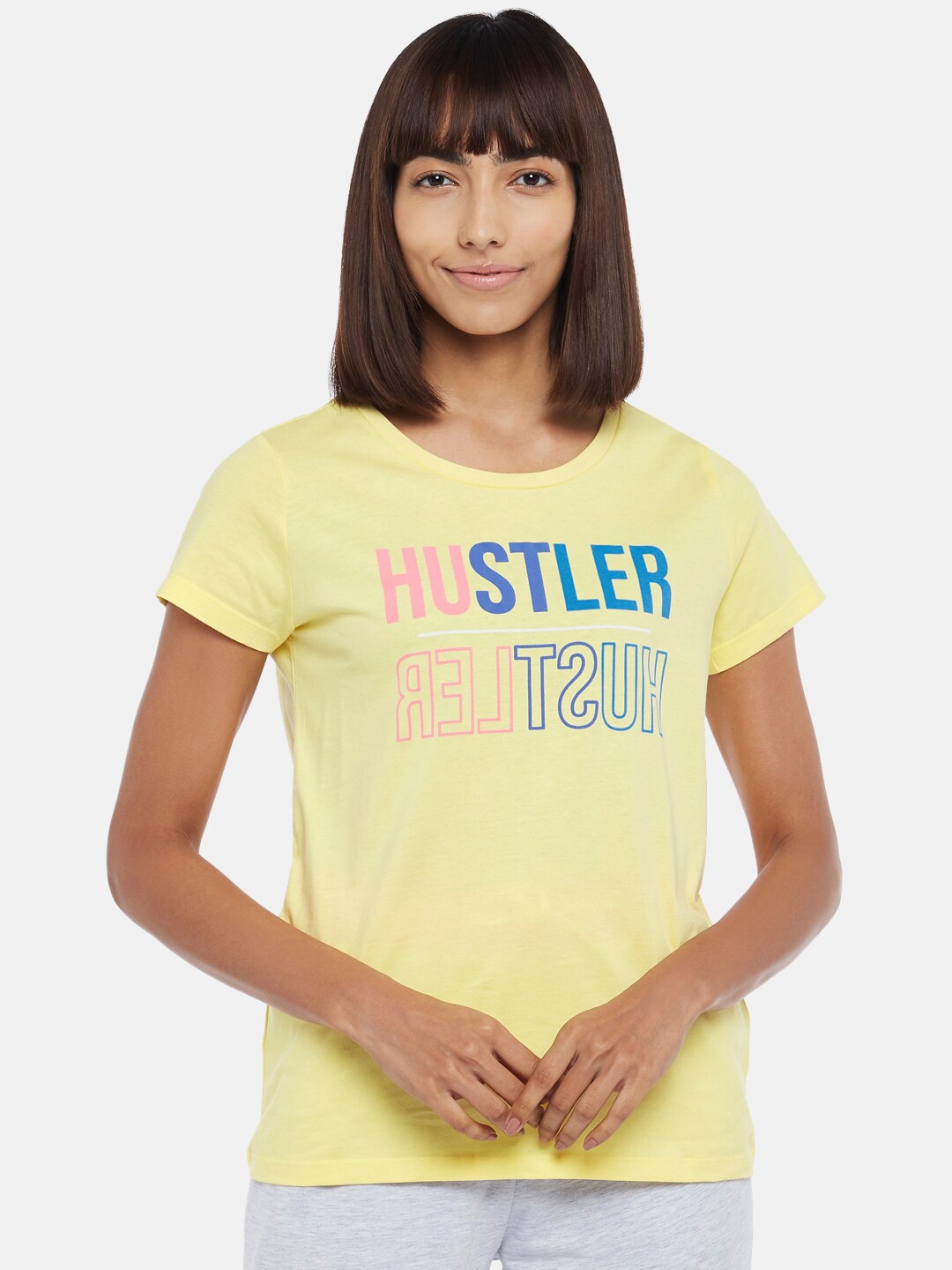 

Ajile by Pantaloons Women Yellow Typography Printed Cotton T-shirt
