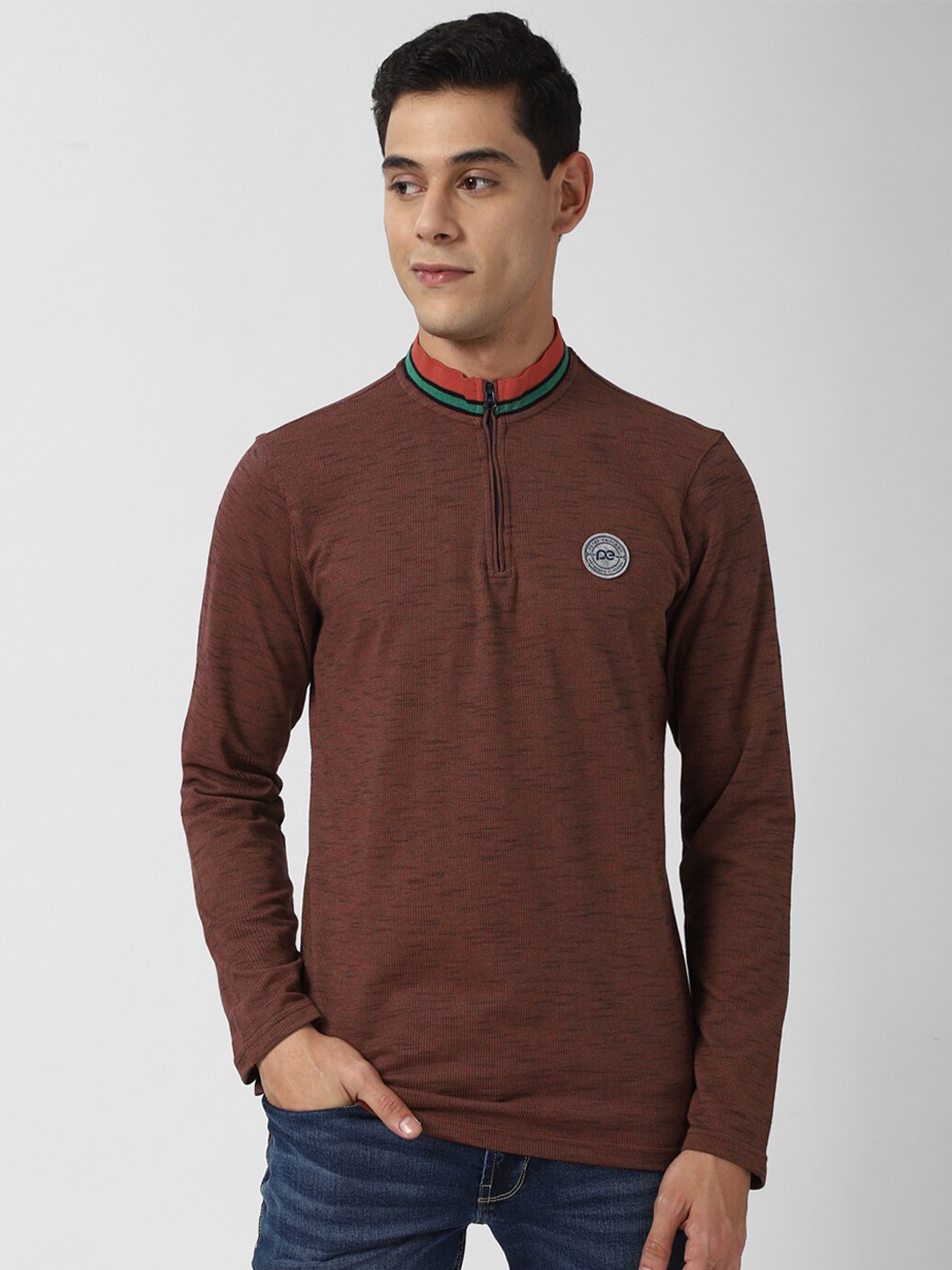 

Peter England Casuals Men Maroon High Neck Slim Fit T-shirt