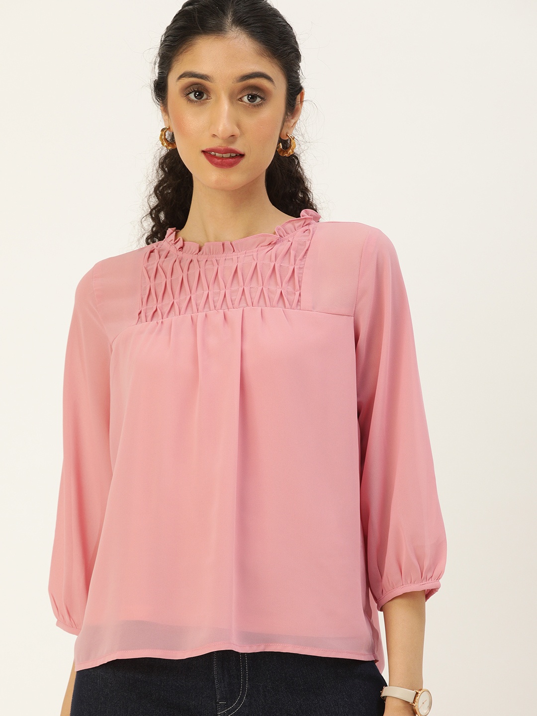 

AND Pink Solid Fringed Surface Casual Top