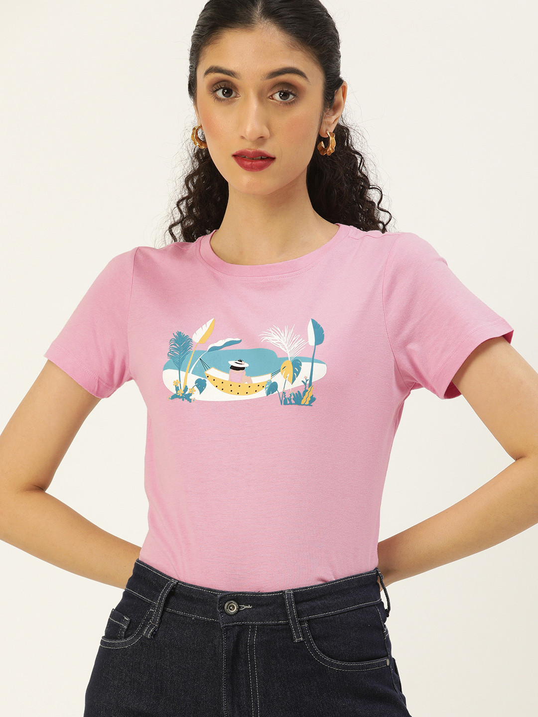 

AND Women Pink & Blue Printed Round Neck Tshirts