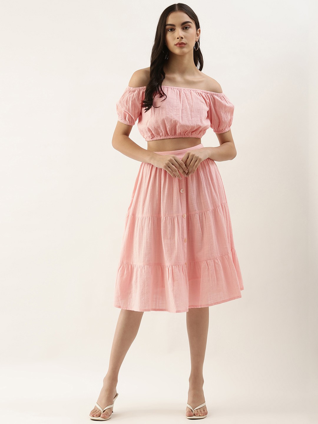

AND Women Pink Solid Crop Top with Skirt