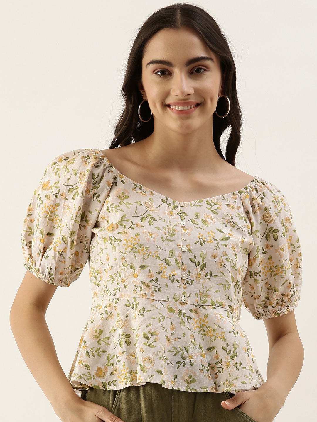 

AND Green Floral Print Peplum Top