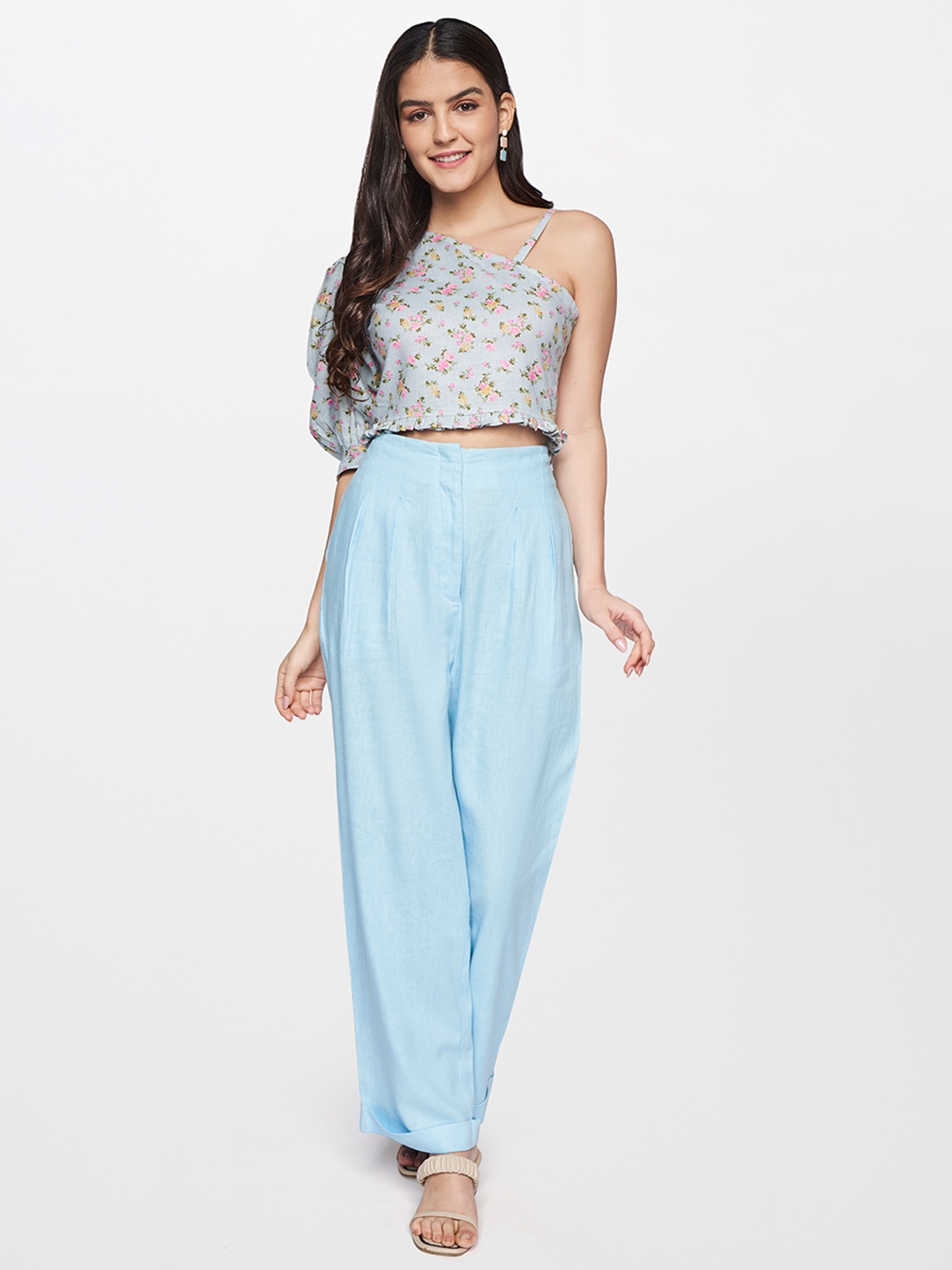 

AND Women Blue Printed Pure Cotton Top with Trousers