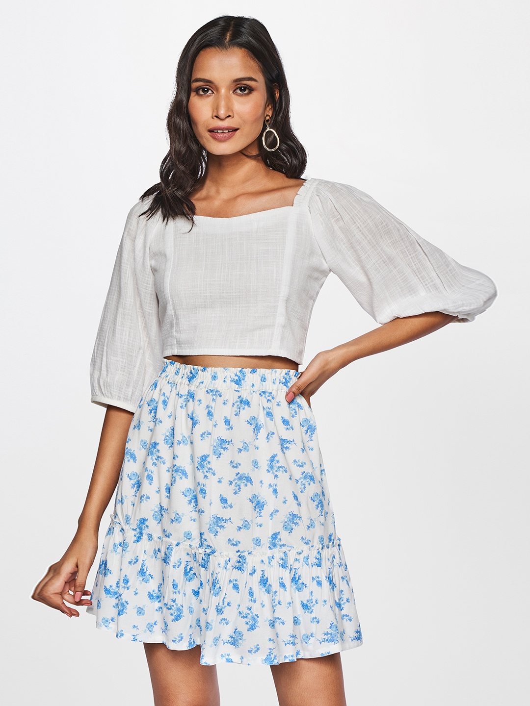 

AND Women White & Blue Pure Cotton Top with Skirt
