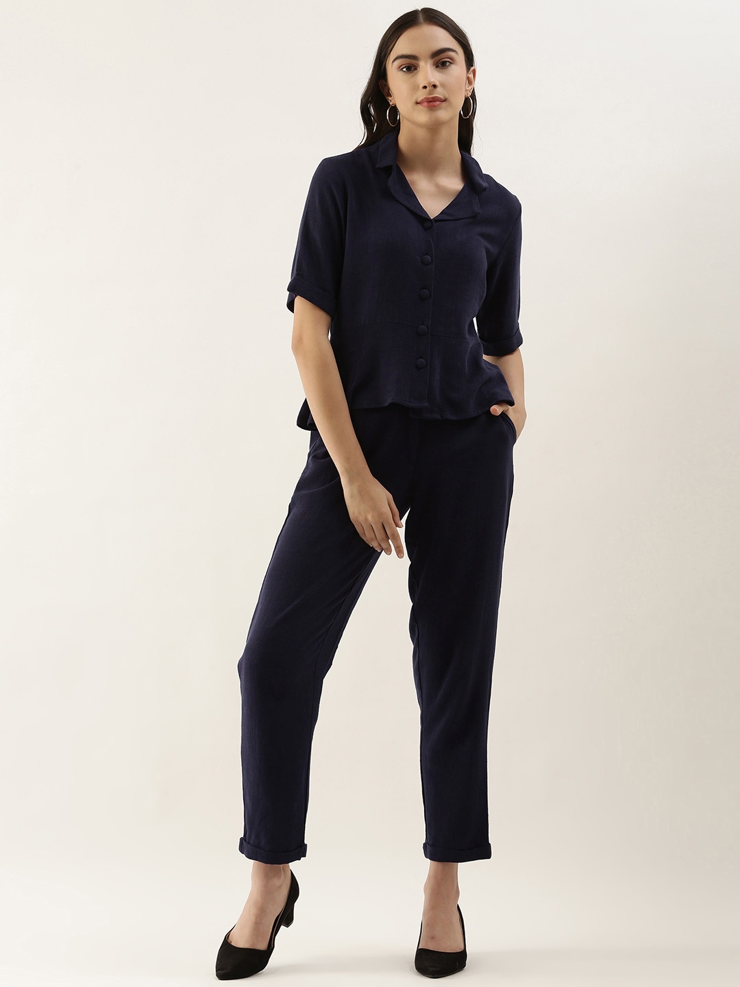 

AND Women Navy Blue Solid Top with Trousers