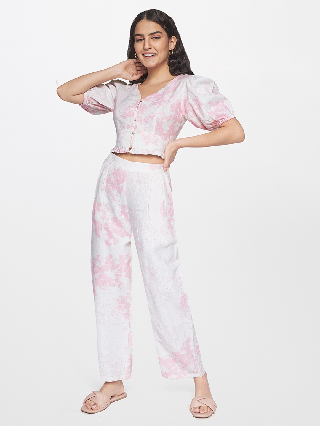

AND Women Pink & White Printed Pure Cotton Crop Top with Trousers