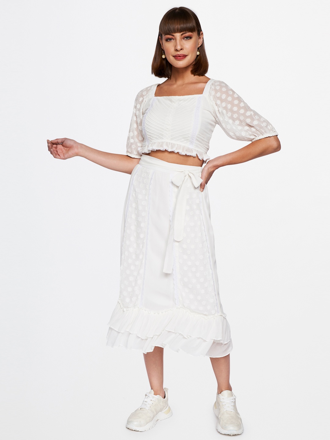 

AND Women White Pure Cotton Top With Skirt