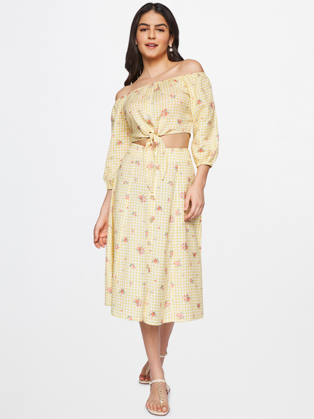 

AND Women Yellow & White Printed Pure Cotton Top with Skirt