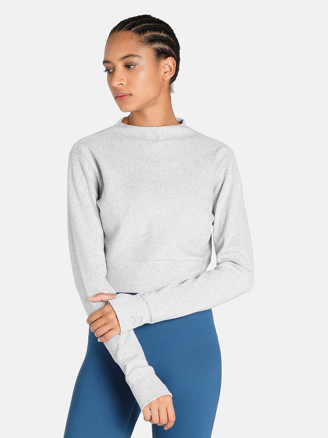 

Puma Women Light Grey EXHALE Mock Neck Ribbed Performance Yoga T-shirt