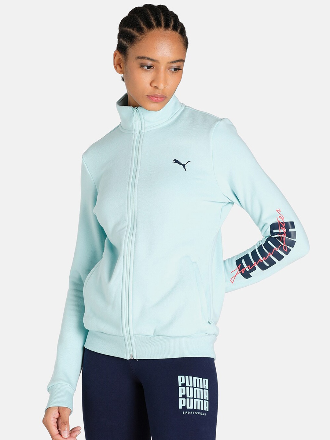 

Puma Women Blue Brand Logo Outdoor Cotton Regular Fit Sporty Jacket