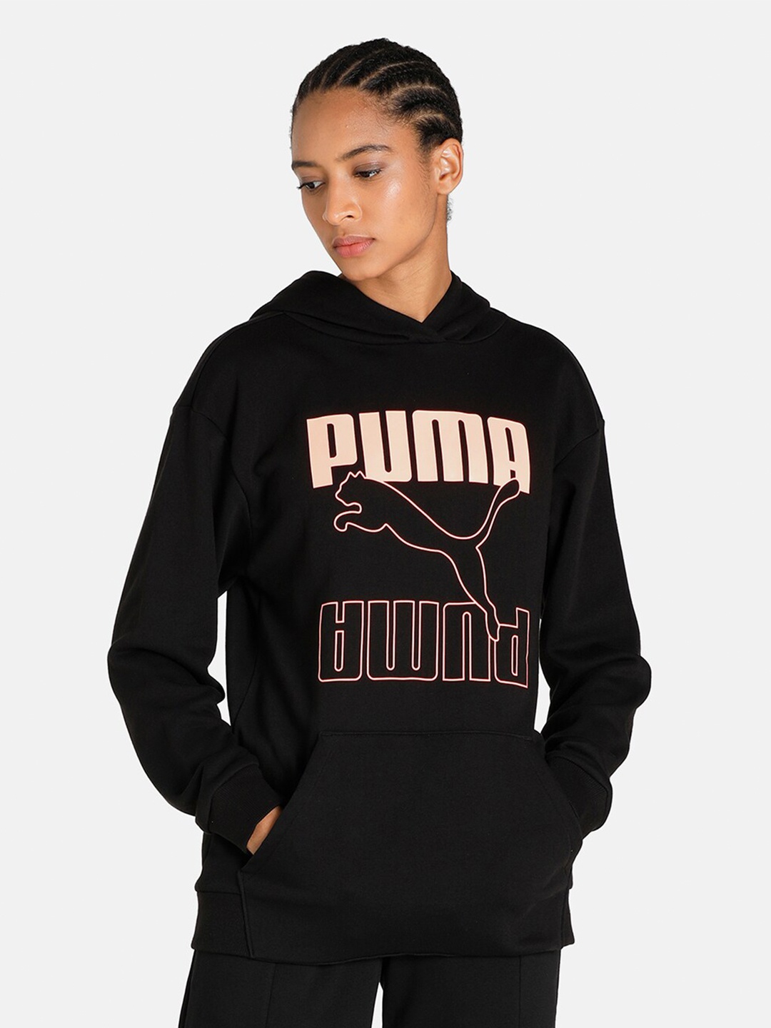 

Puma Women Black Printed Cotton Hooded Sweatshirt