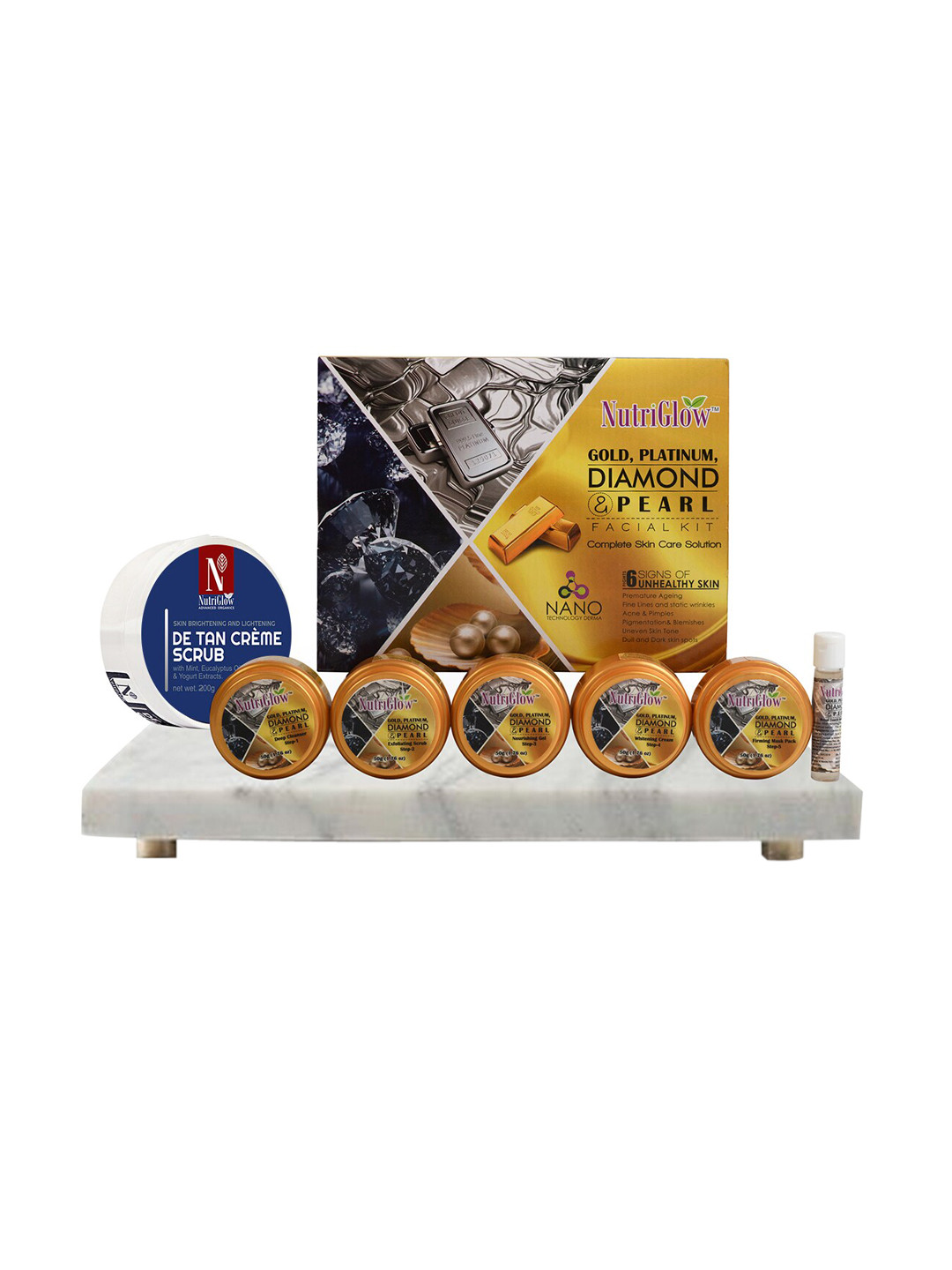 

NutriGlow Gold Platinum Diamond & Pearl Facial Kit 250 g + 10ml & De Tan Creme Scrub 200 g, Multi