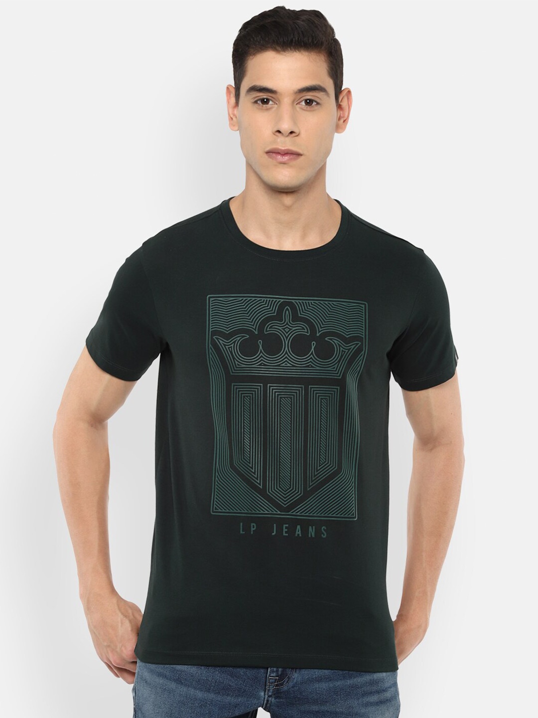 

Louis Philippe Jeans Men Green Printed Pure Cotton Slim Fit T-shirt