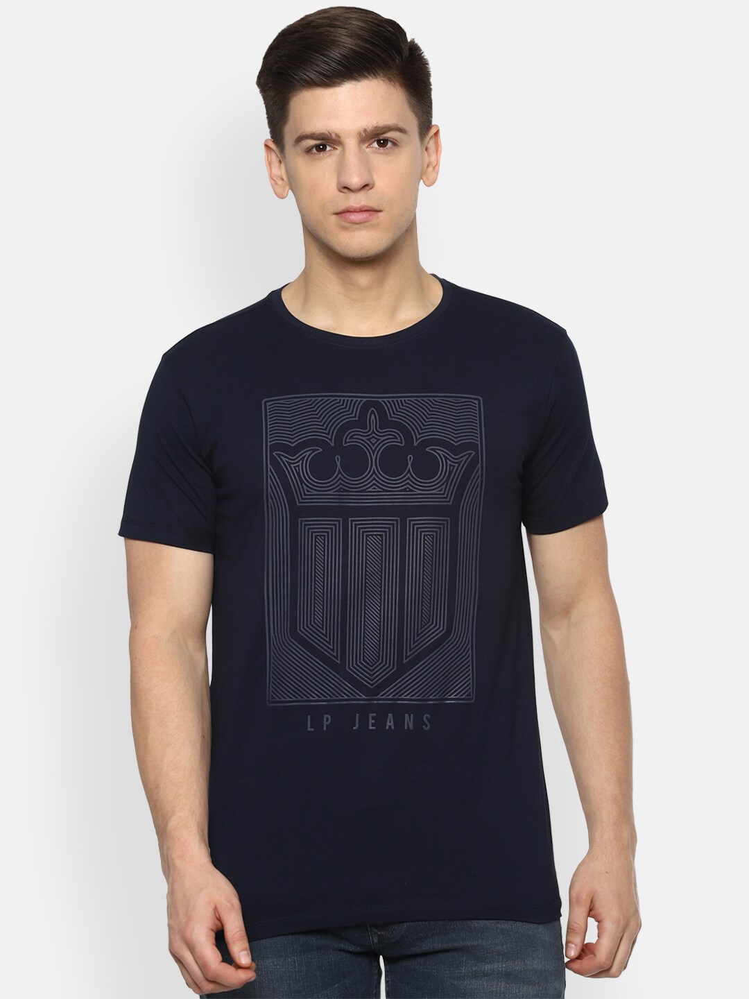 

Louis Philippe Jeans Men Navy Blue Printed Pure Cotton Slim Fit T-shirt
