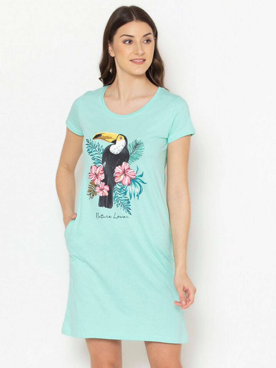 

Lounge Dreams Sea Green Graphic Printed Pure Cotton T-shirt Nightdress