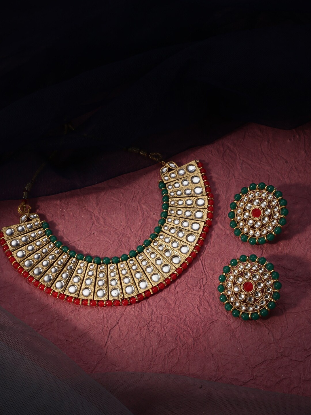 

LIVE EVIL Red & Green Gold-Plated Kundan Stone Studded Jewellery Set