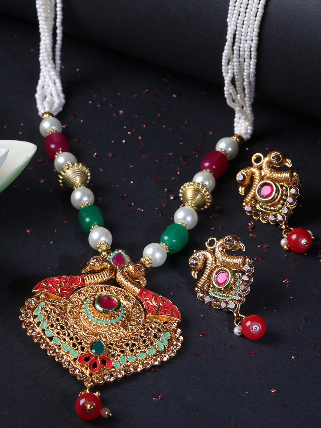 

LIVE EVIL Multicoloured & Gold-Plated Kundan Studded Jewellery Set, Multi