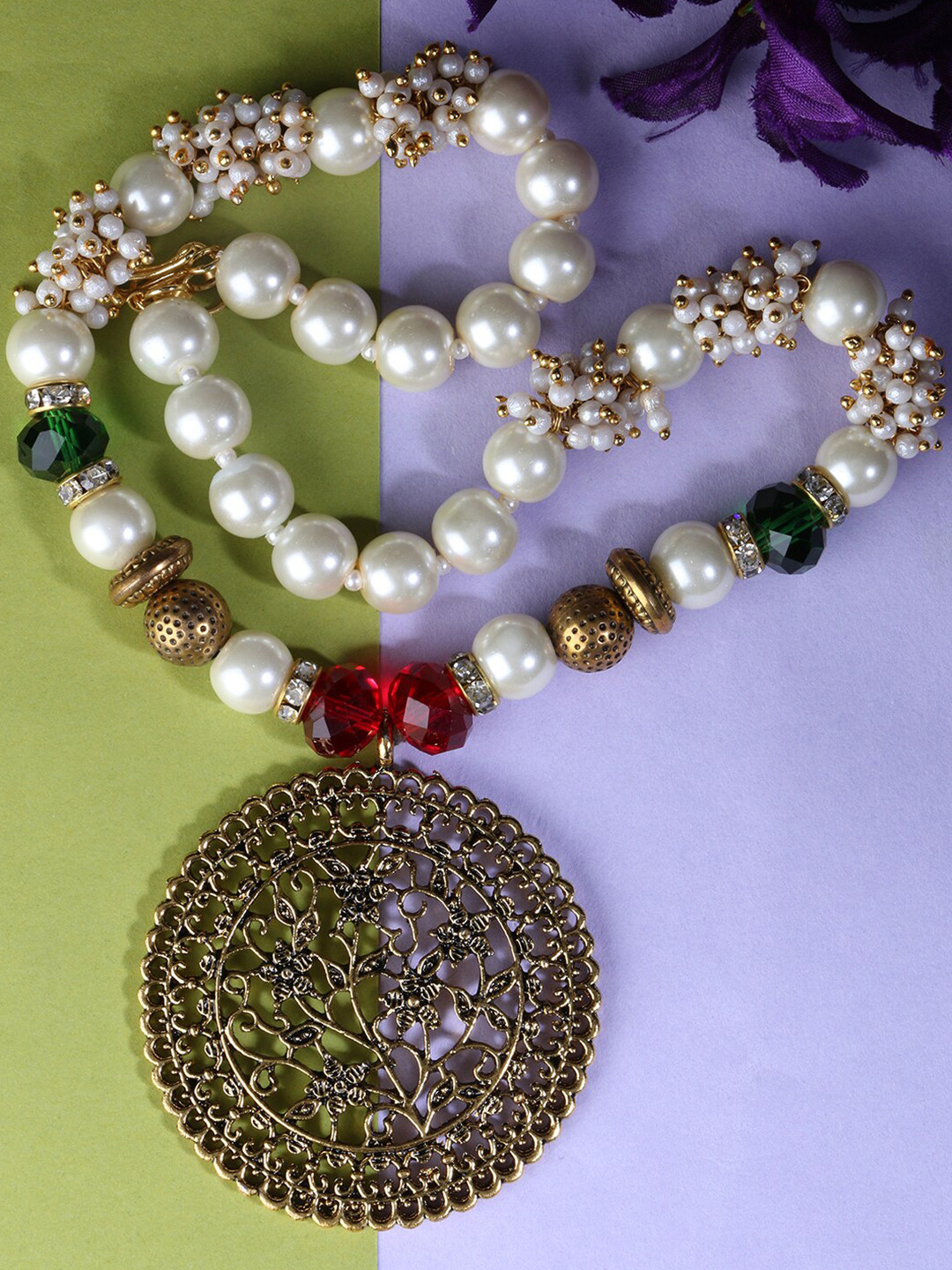 

LIVE EVIL Gold-Toned & White Pearl Beaded Pendent Necklace