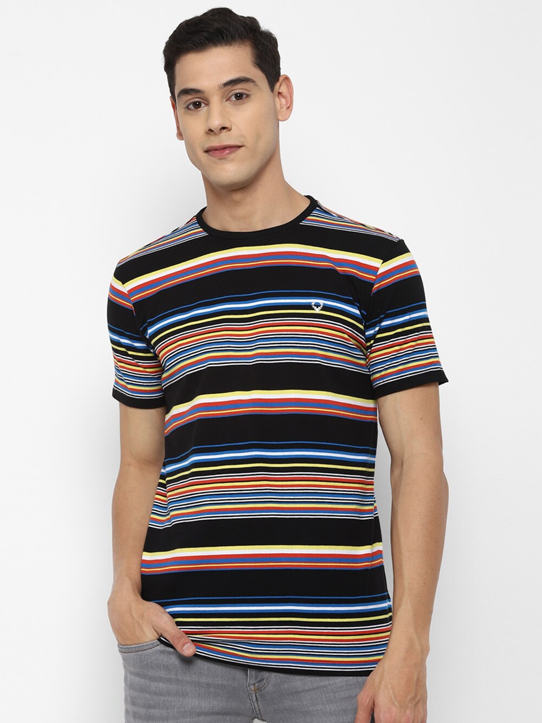 

Allen Solly Sport Men Black & Blue Striped Pure Cotton T-shirt